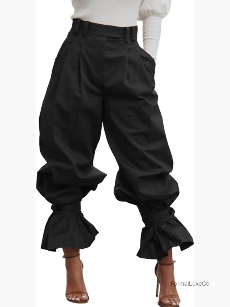 Wide Leg Pleated High Waist Trousers Ruffle Hem Ankle Pants